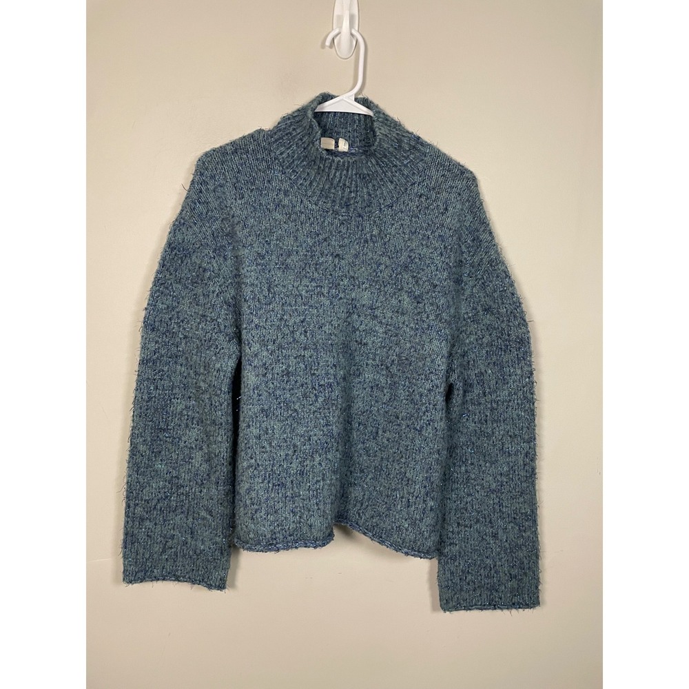 Anthropologie Moth Sparkle Knit Tinsel Mock Neck Turtleneck Sweater In Blue